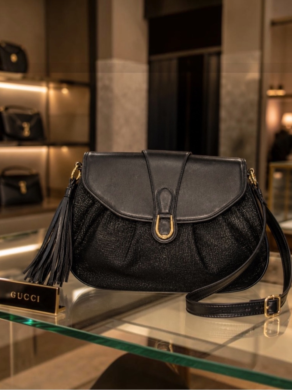Authentic Gucci Rare Vintage Black Textured Fabric/Leather Crossbody Bag